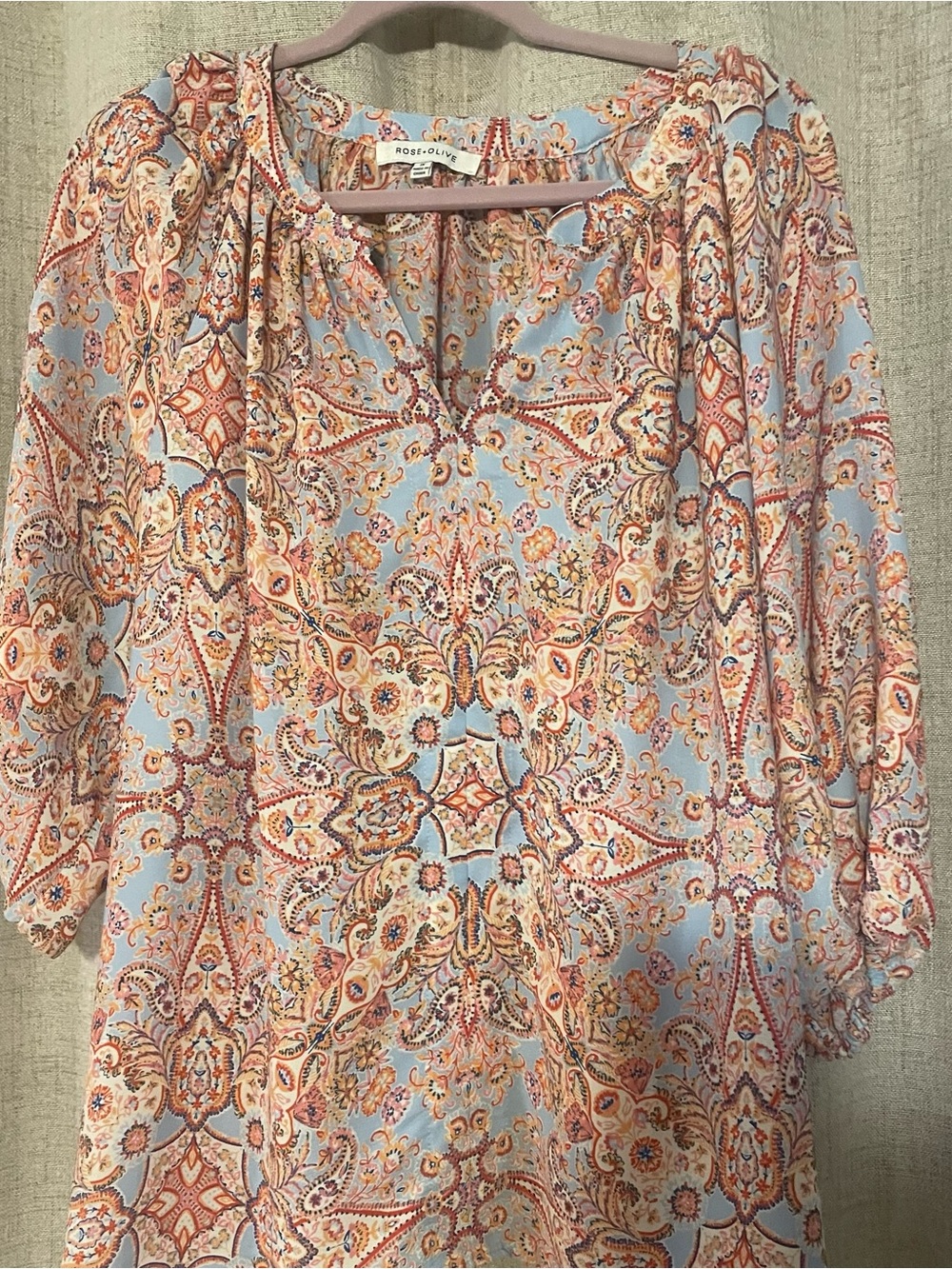 Rose & Olive Light Blue Paisley Tunic with Coral and Cream Accents
